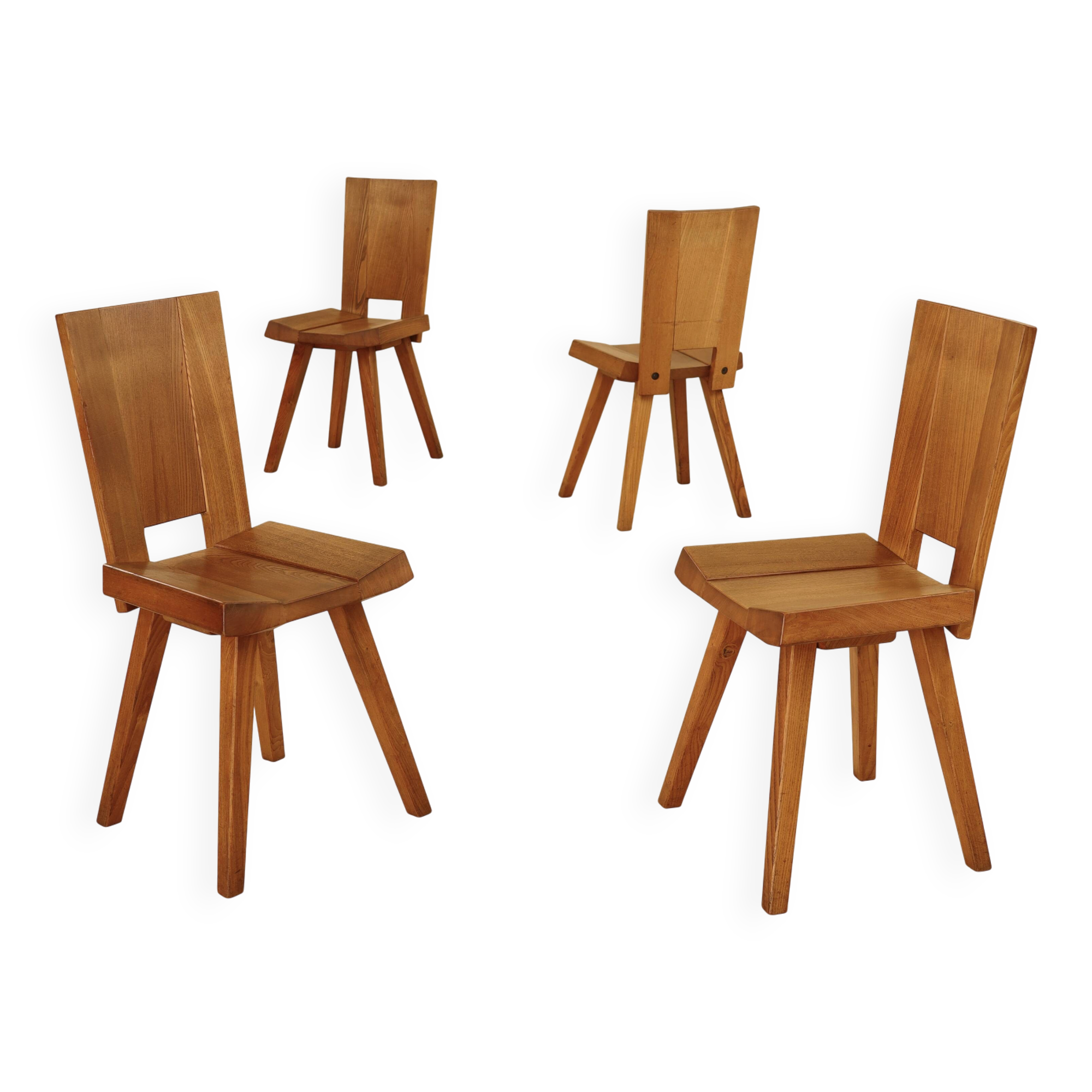 Chairs in elm, Atelier C. Demoyen, France, 1980s