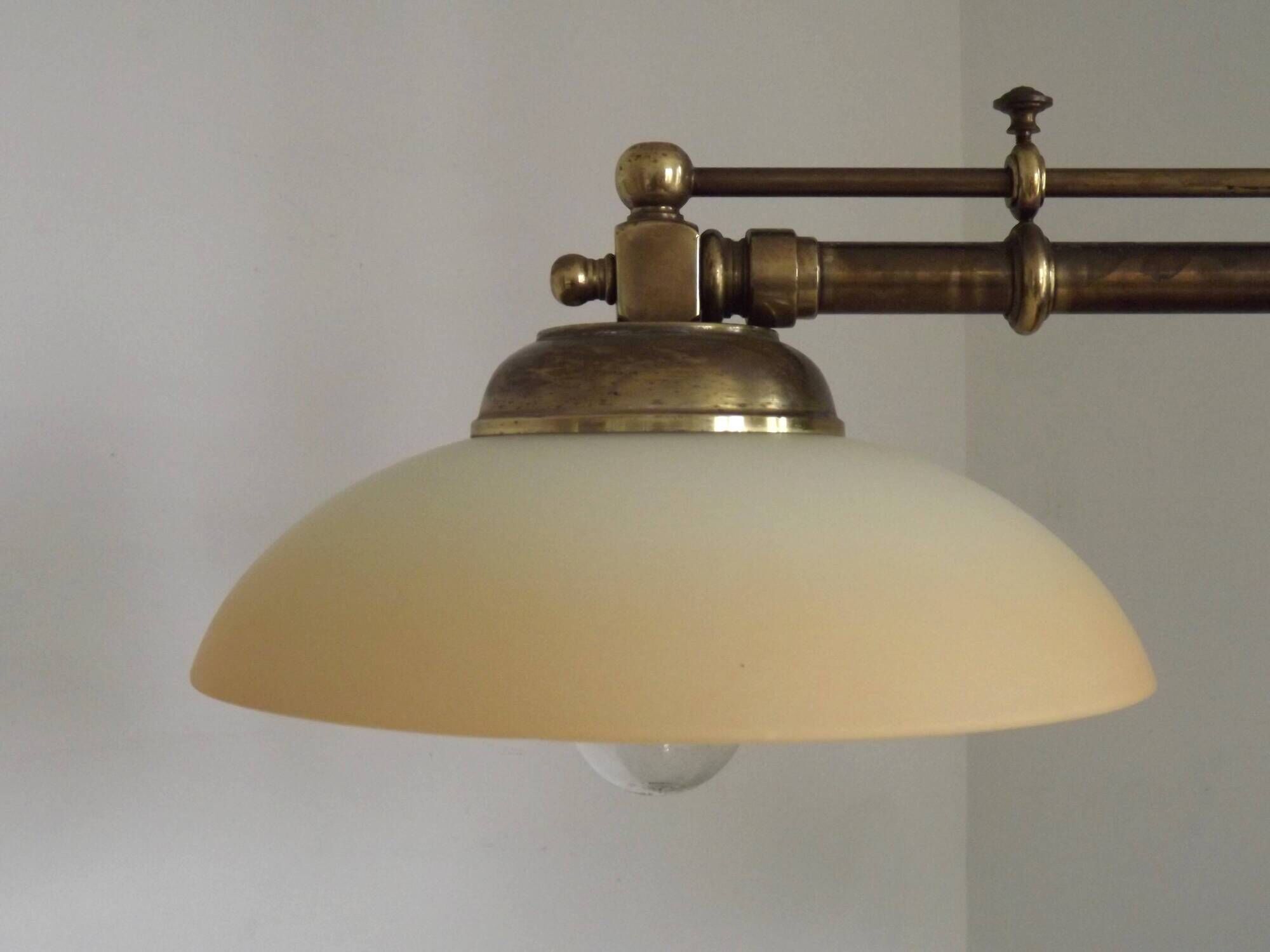 2 Light French Mid Century Extendable Billiard Light In Brass Wood & Glass
