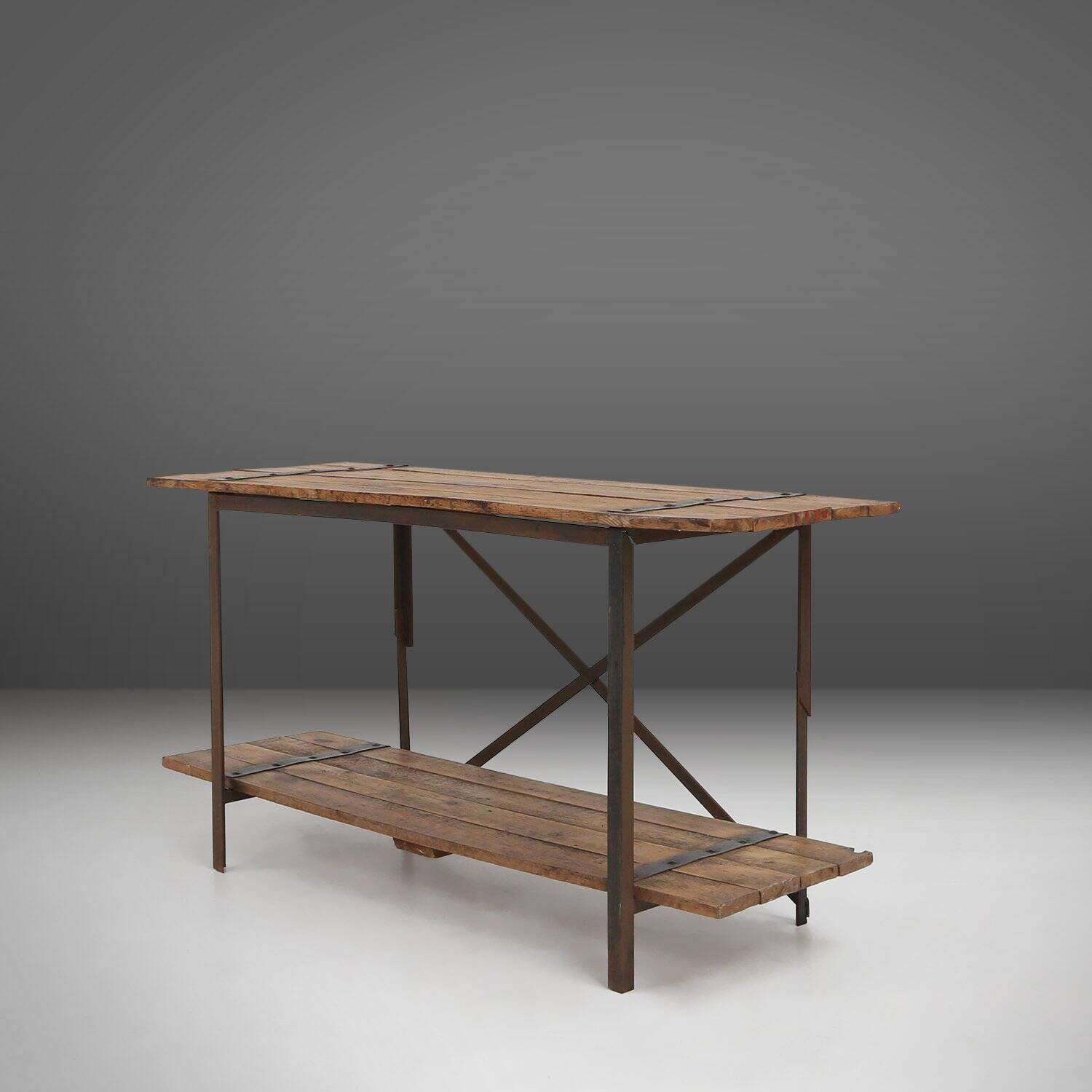 Industrial Side Table with Metal Frame and Wooden Top and Removable Platfor
