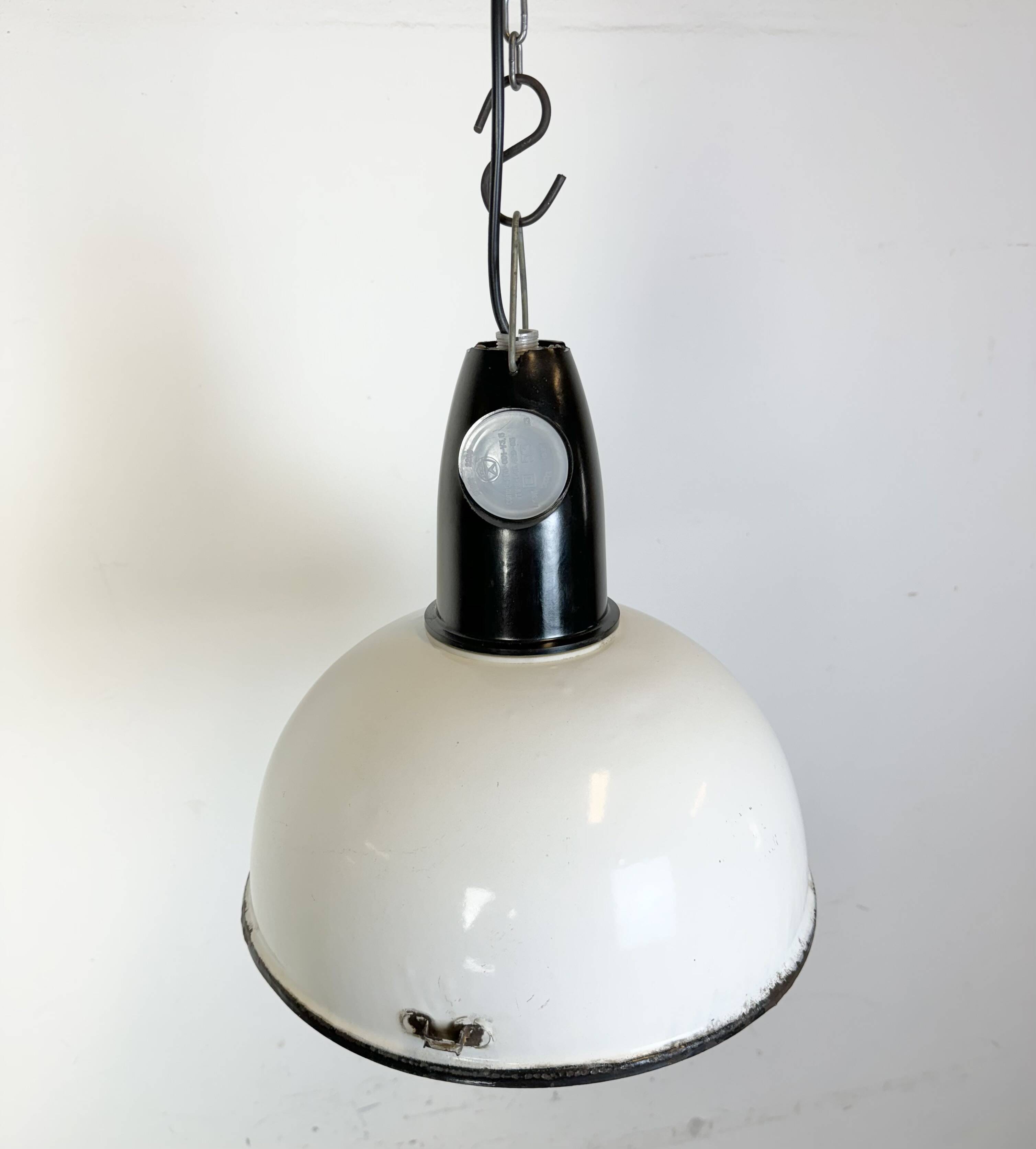 Industrial soviet white enamel pendant lamp, 1960s