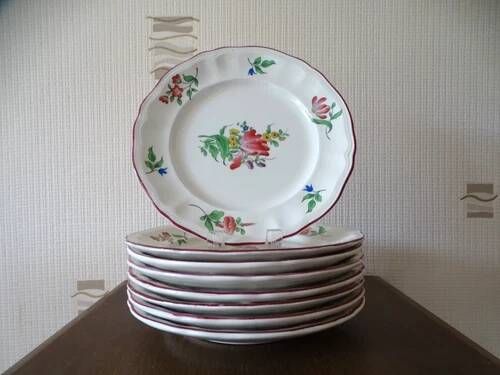 Kg luneville "réverbère" 8 dessert plates earthenware hand-painted flowers ø20.5cm