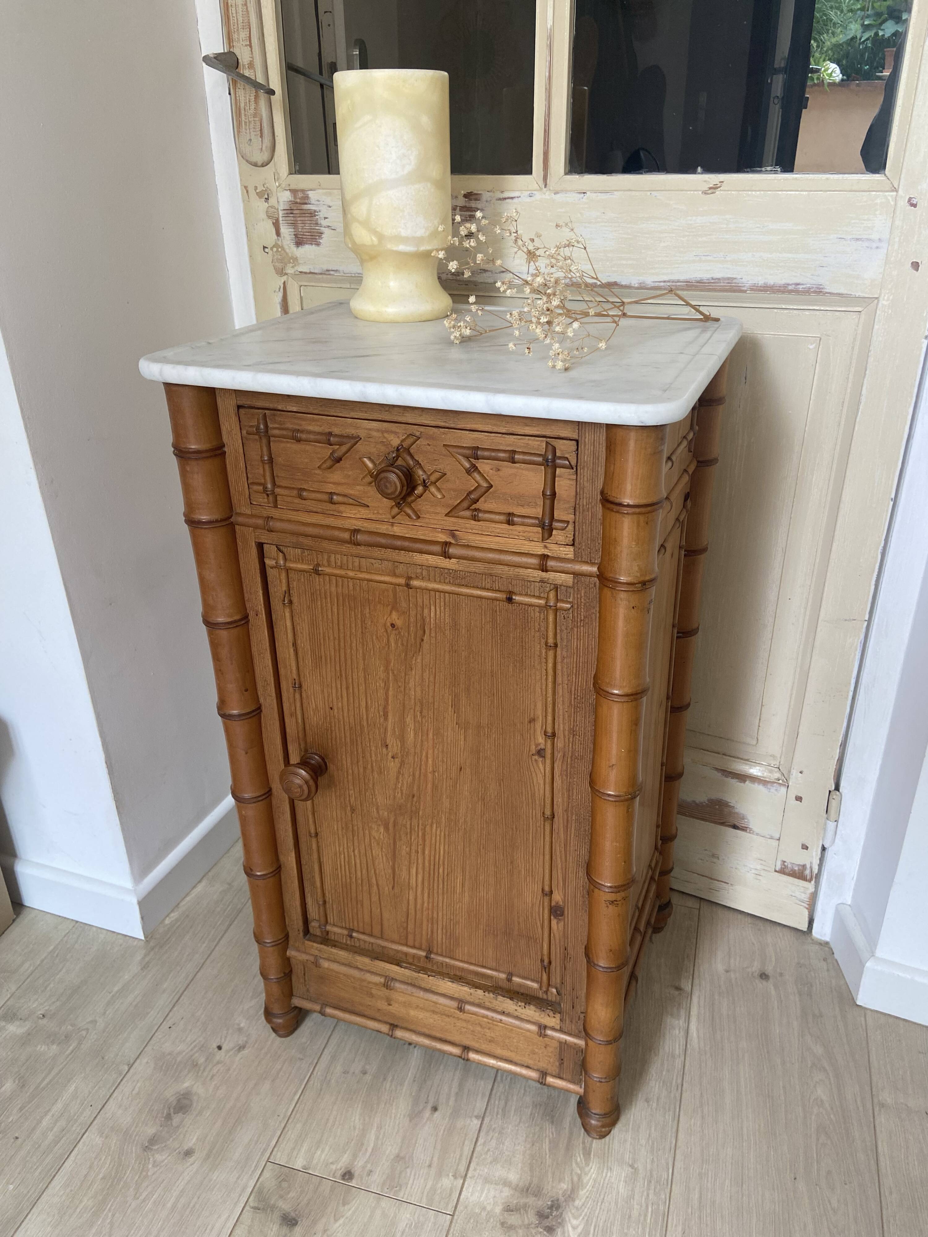 Bedside table / nightstand in pitchpin pine wood and bamboo with marble top