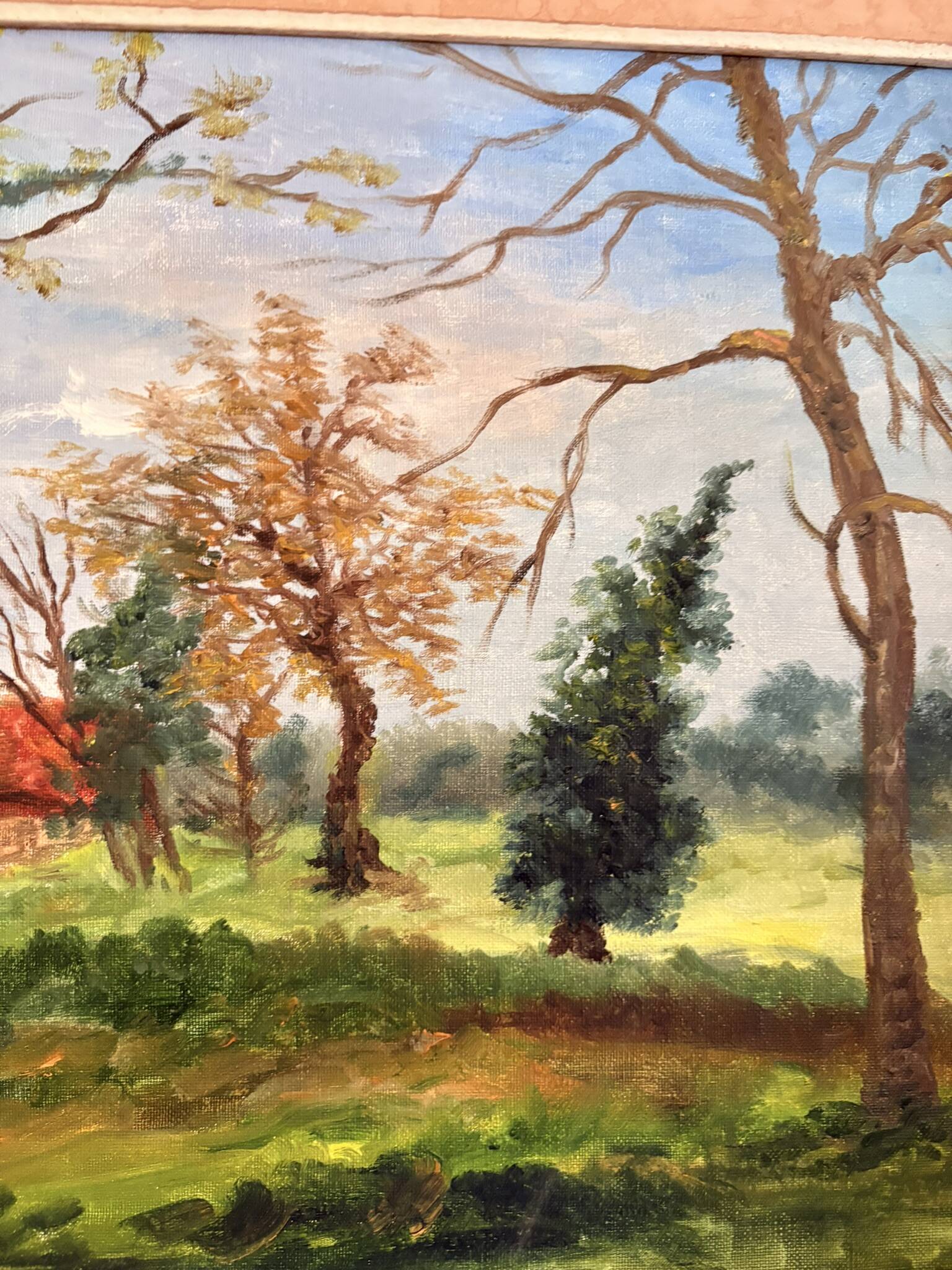 Old painting Oil on canvas Countryside Landscape House Garden Tree N