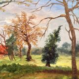Old painting Oil on canvas Countryside Landscape House Garden Tree N