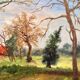 Ancien tableau Peinture Huile Toile Campagne Paysage Maison Jardin Arbre N