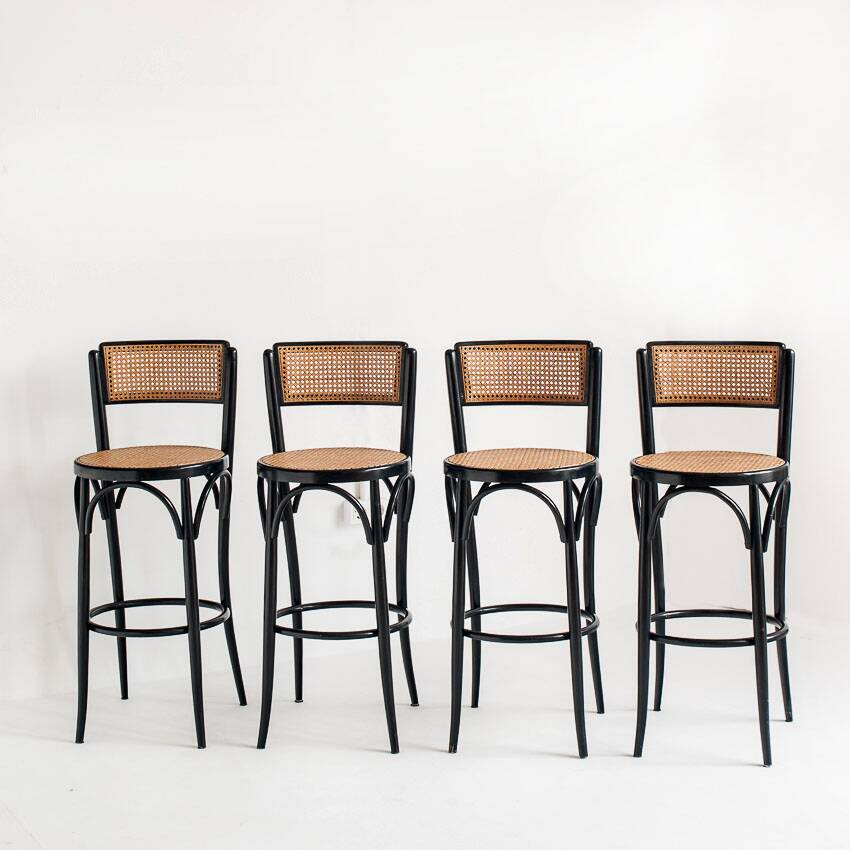 Set of 4 vintage high stools. Beech wood and cane. France, 90s