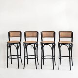 Set of 4 vintage high stools. Beech wood and cane. France, 90s