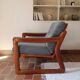Scandinavian armchair in teak Komfor, blue-grey fabric, 1960s, sled base (2 available)