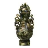 Pot couvert richement sculpté pierre type jade Extrême-Orient Chine