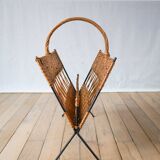 Modernist rattan and metal magazine rack 1970