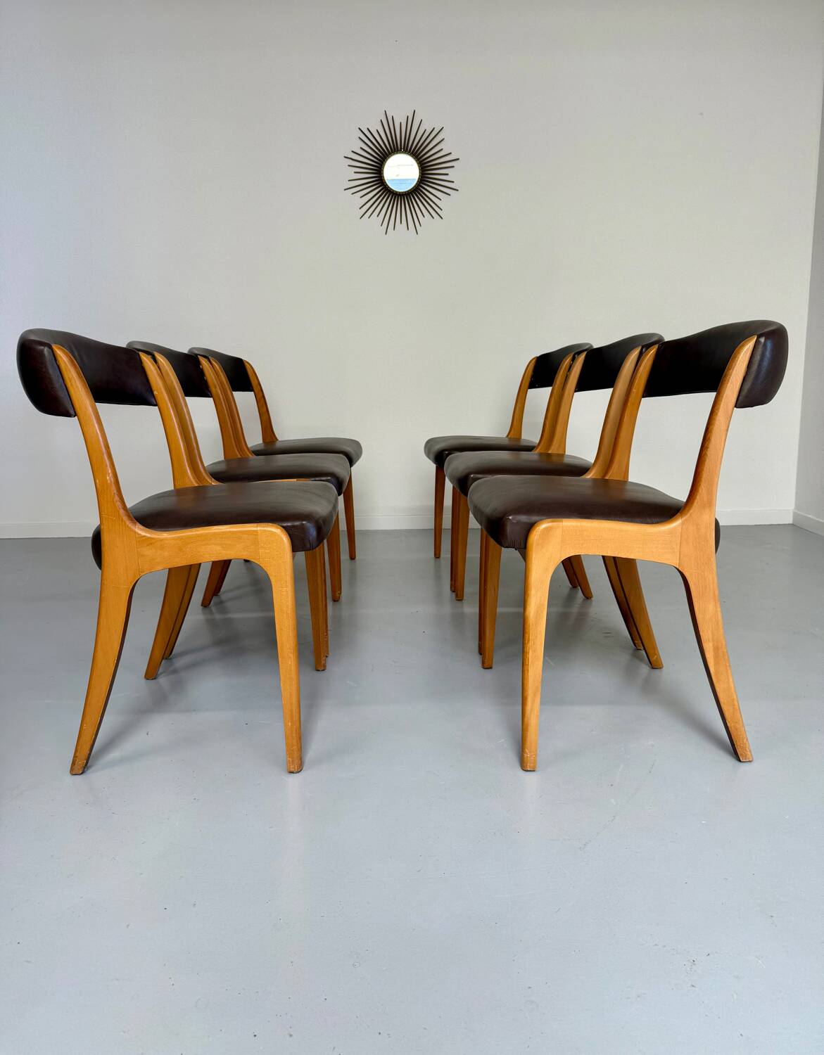 Set of 6 Baumann curved wood and imitation leather chairs, gondola model, 70s
