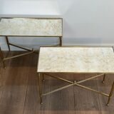 Pair of brass side tables with antique mirrored tops from Maison Jansen
