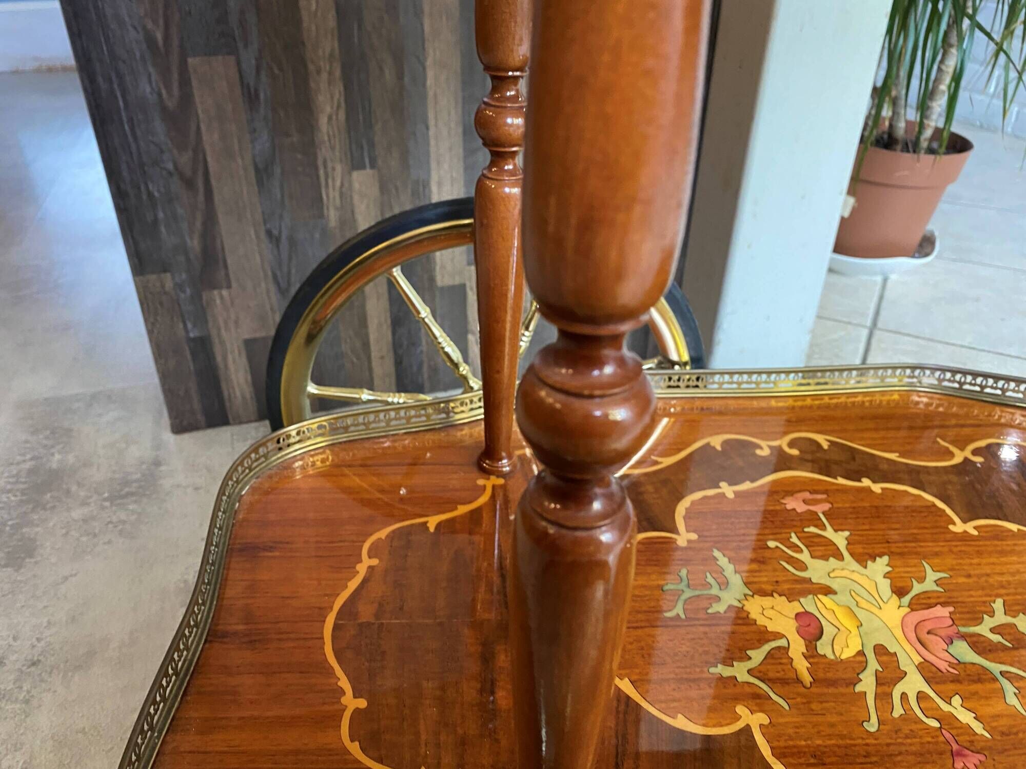 3-wheel serving trolley with 2 shelves, vintage bar marquetry on wheels, 50s