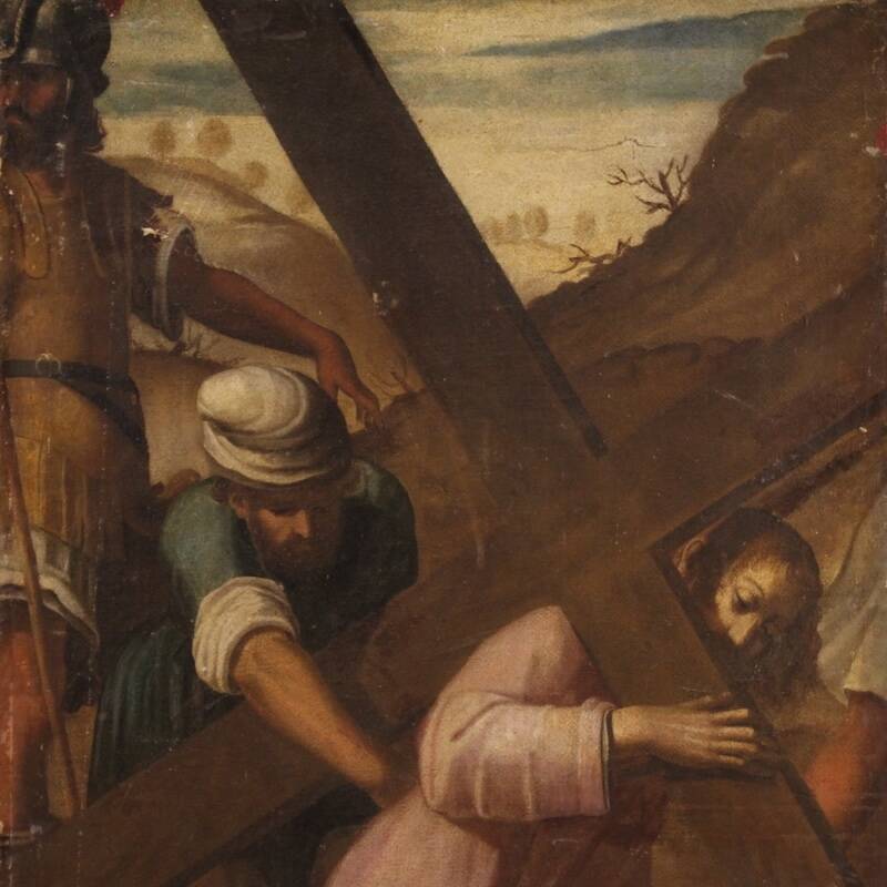Antique Italian painting of the Way of the Cross, Ascent to Calvary