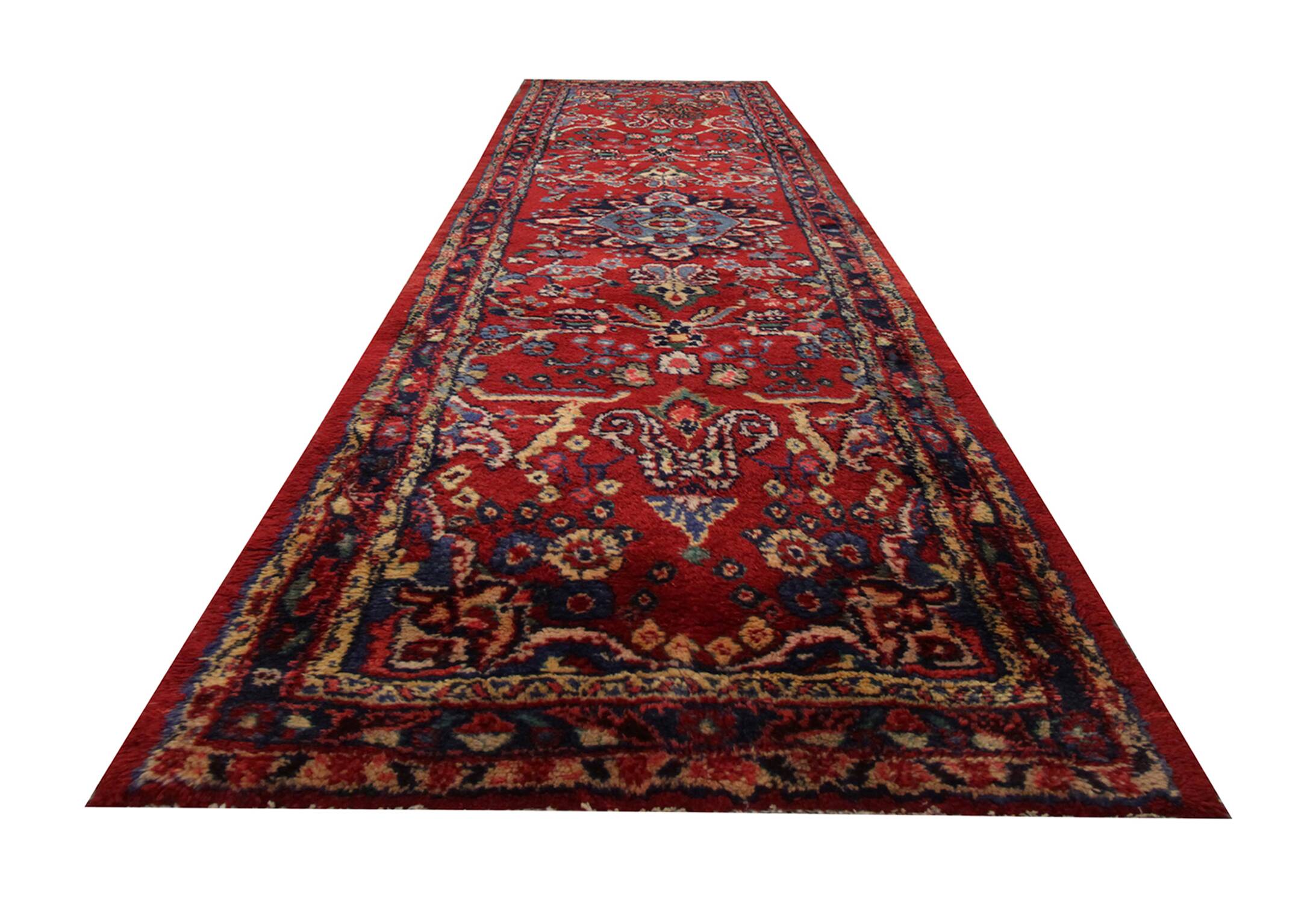 Handmade Red Floral Wool Runner, Vintage Mid-Century Stair & Hallway Rug