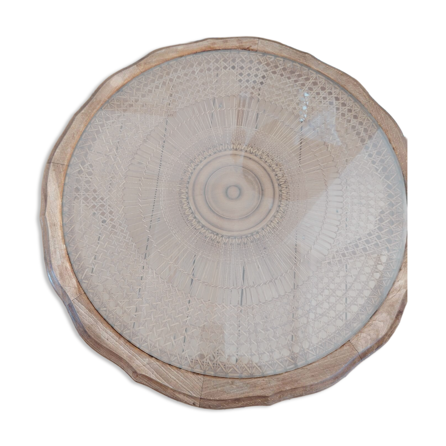 Vintage coffee table from the 1960s – Rattan top with a sunburst pattern
