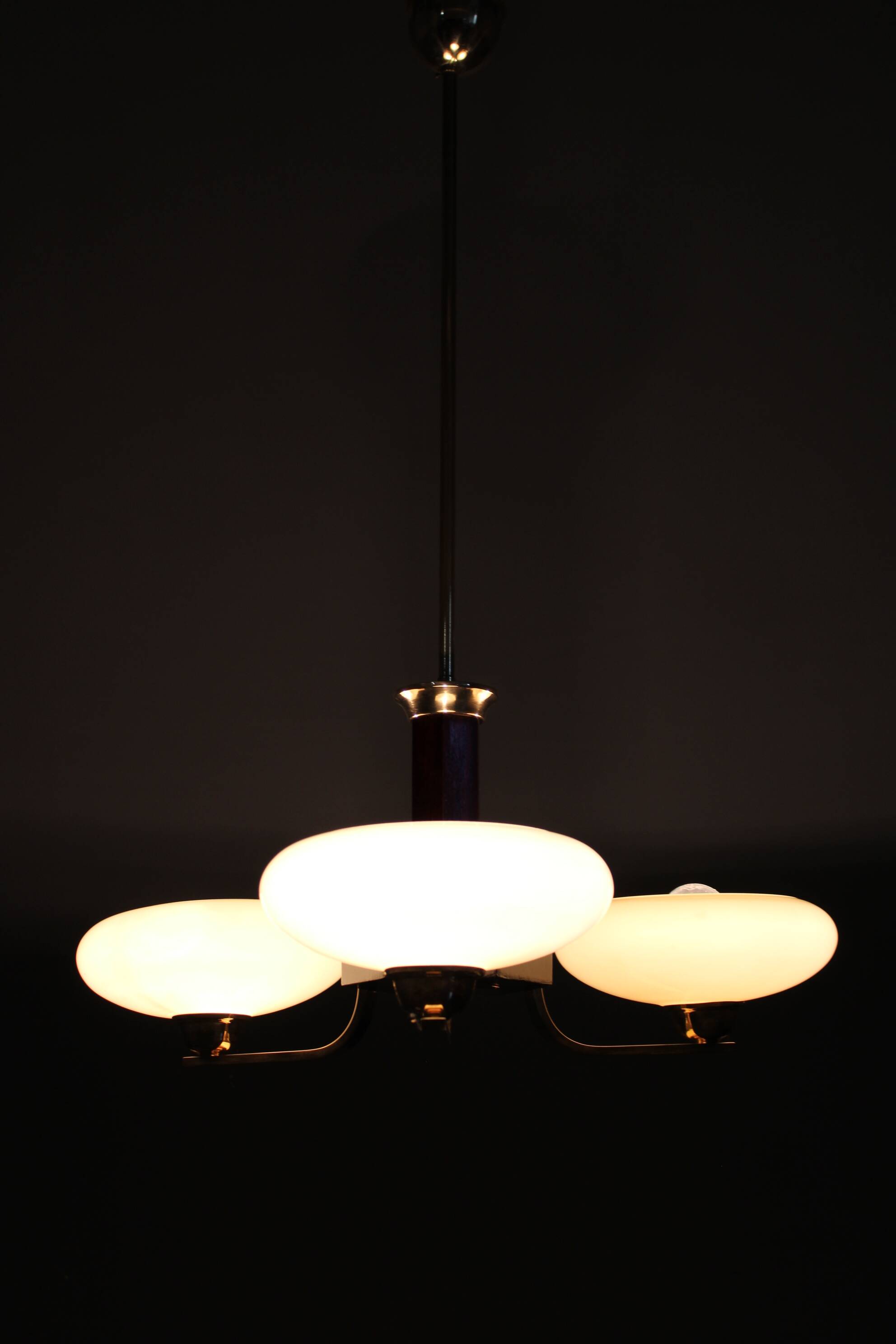 Art Deco brass and wood chandelier with champagne glass, Czechoslovakia 1930s