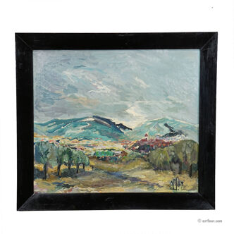 Oil painting by Alexander Michael depicting a mountain landscape, 1969.