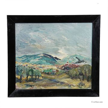 Oil painting by Alexander Michael depicting a mountain landscape, 1969.