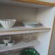 Vintage oak veneer bookcase, pearl gray interior, metal legs