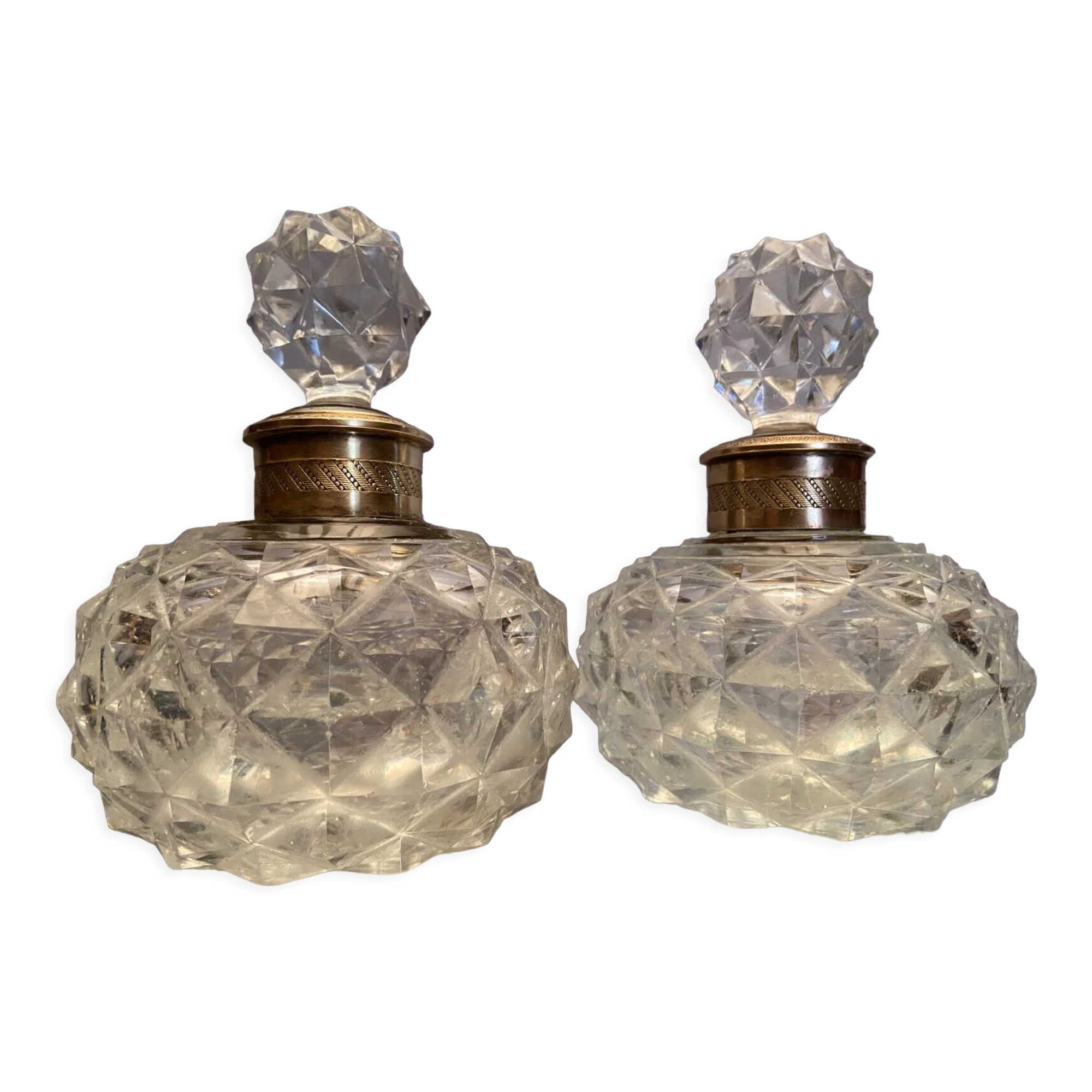 Pair of bottles nineteenth crystal Baccarat decoration diamond points bronze guilloché