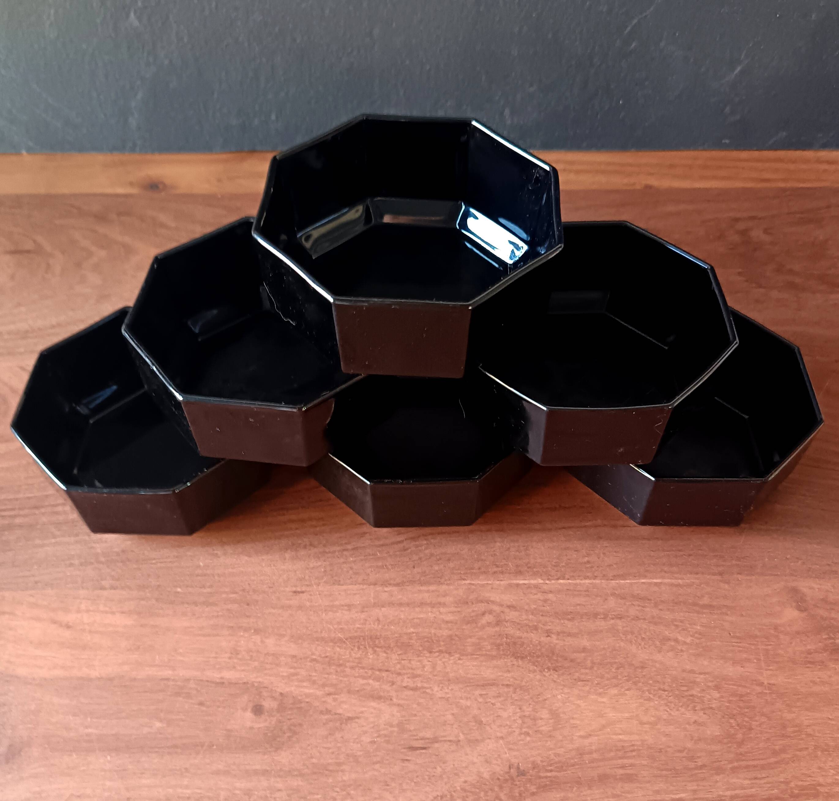 6 black tempered glass ramequins arcoroc octime series, 1980 vintage