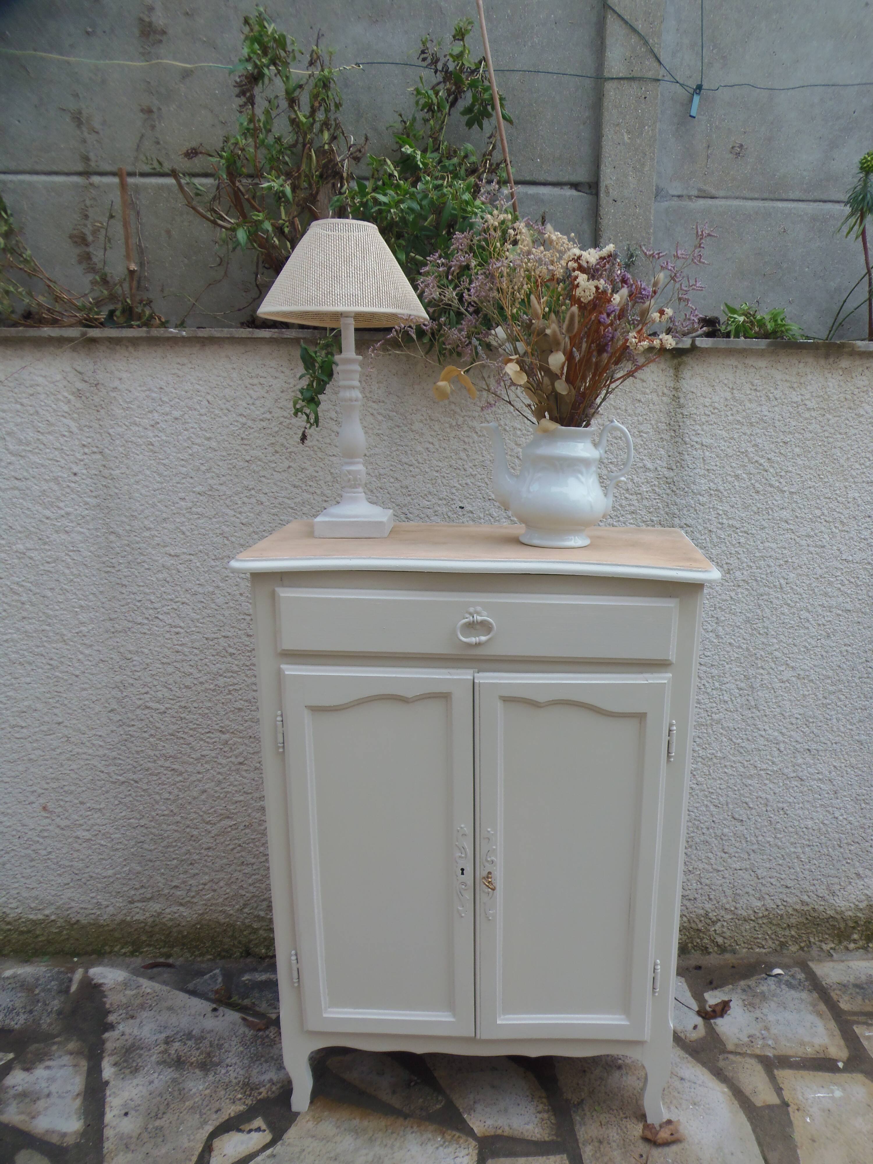 Small vintage buffet reimagined in pearl grey, wooden top.