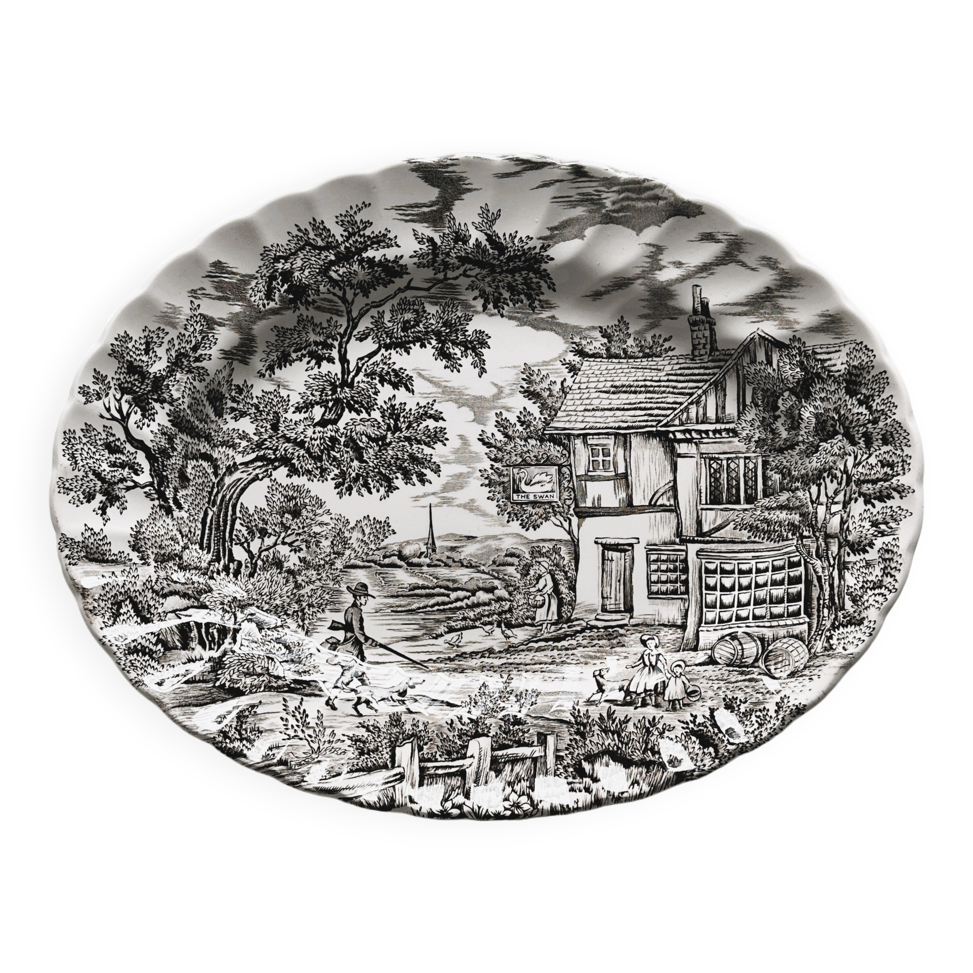 English earthenware dish, countryside scene illustration