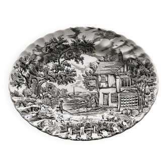 English earthenware dish, countryside scene illustration