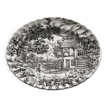 English earthenware dish, countryside scene illustration