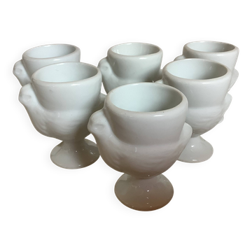 Six white hen egg cups