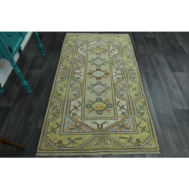 1970s vintage Turkish Oushak handmade wool cotton green area rug 115x205