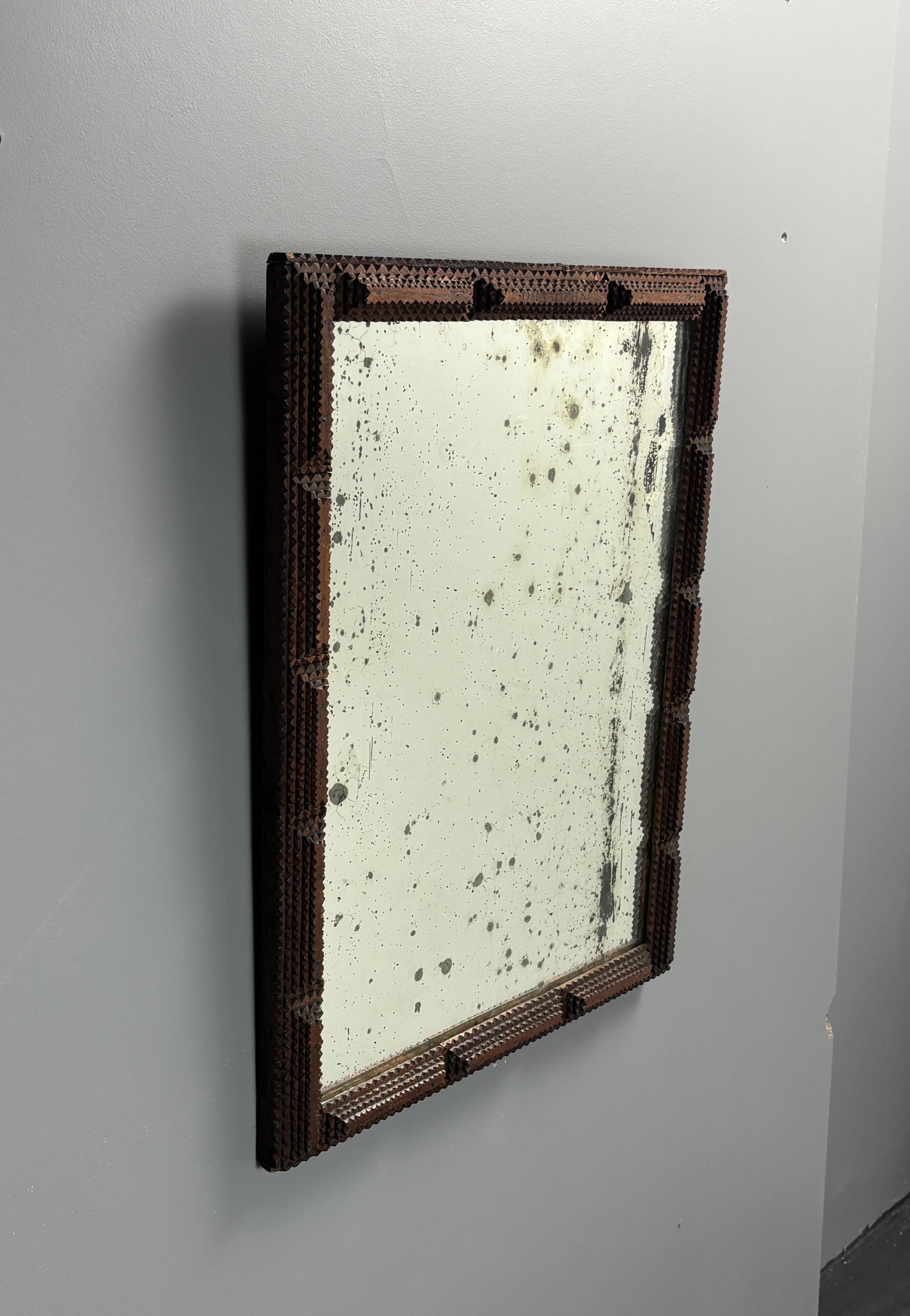 Antique tramp art folk art distressed mirror, Belgium ca 1900s