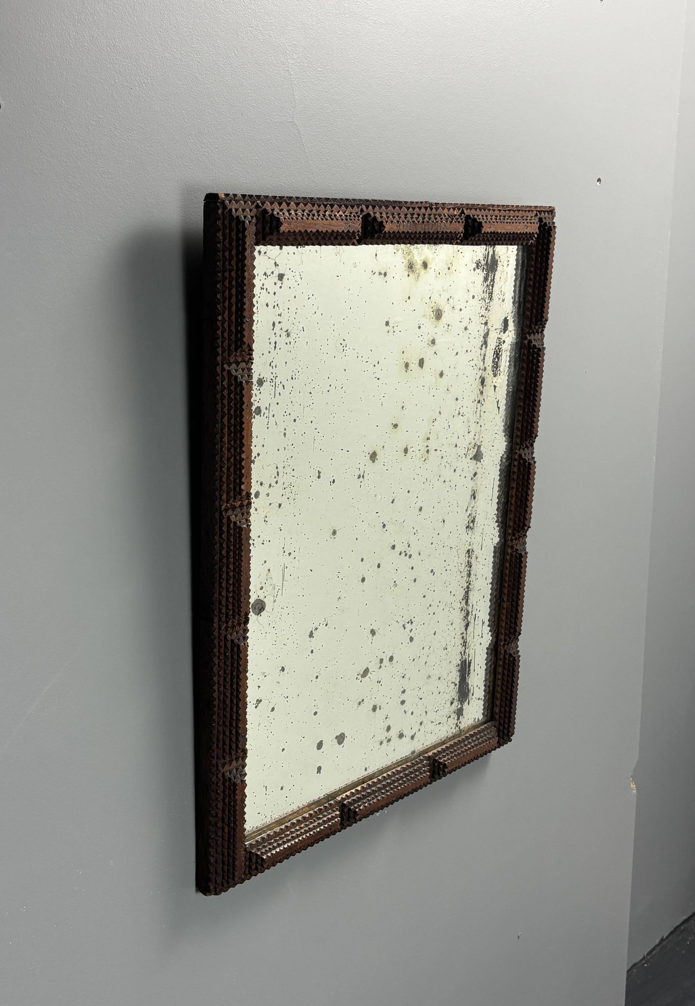 Antique tramp art folk art distressed mirror, Belgium ca 1900s