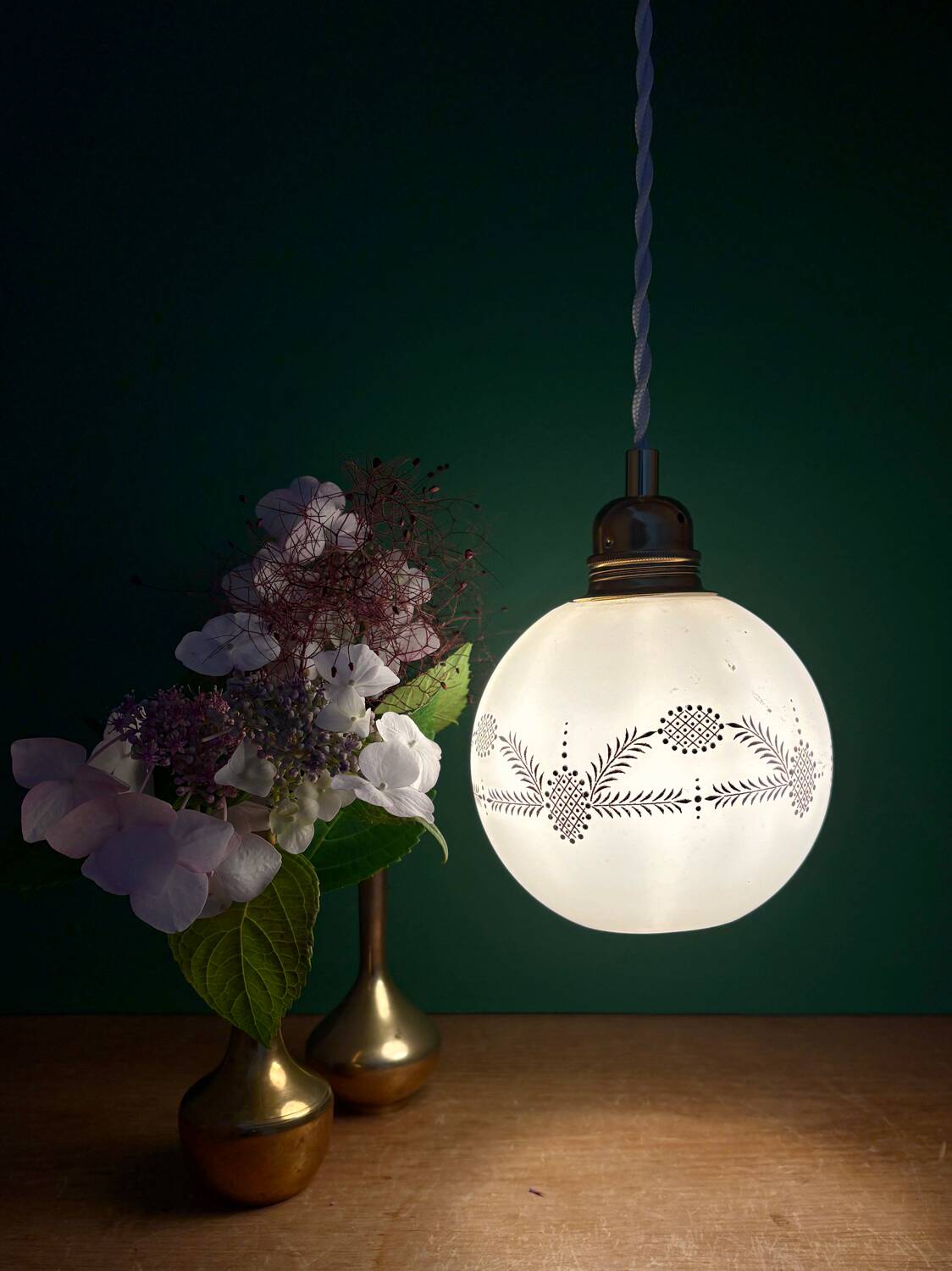 Vintage globe pendant light in white opaline with gold designs