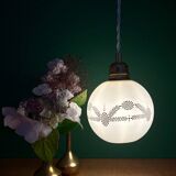 Vintage globe pendant light in white opaline with gold designs