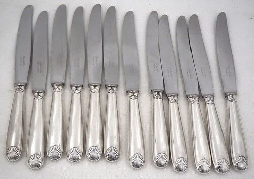 Christofle Vendôme Shell, 62-piece cutlery set, silver-plated knives.