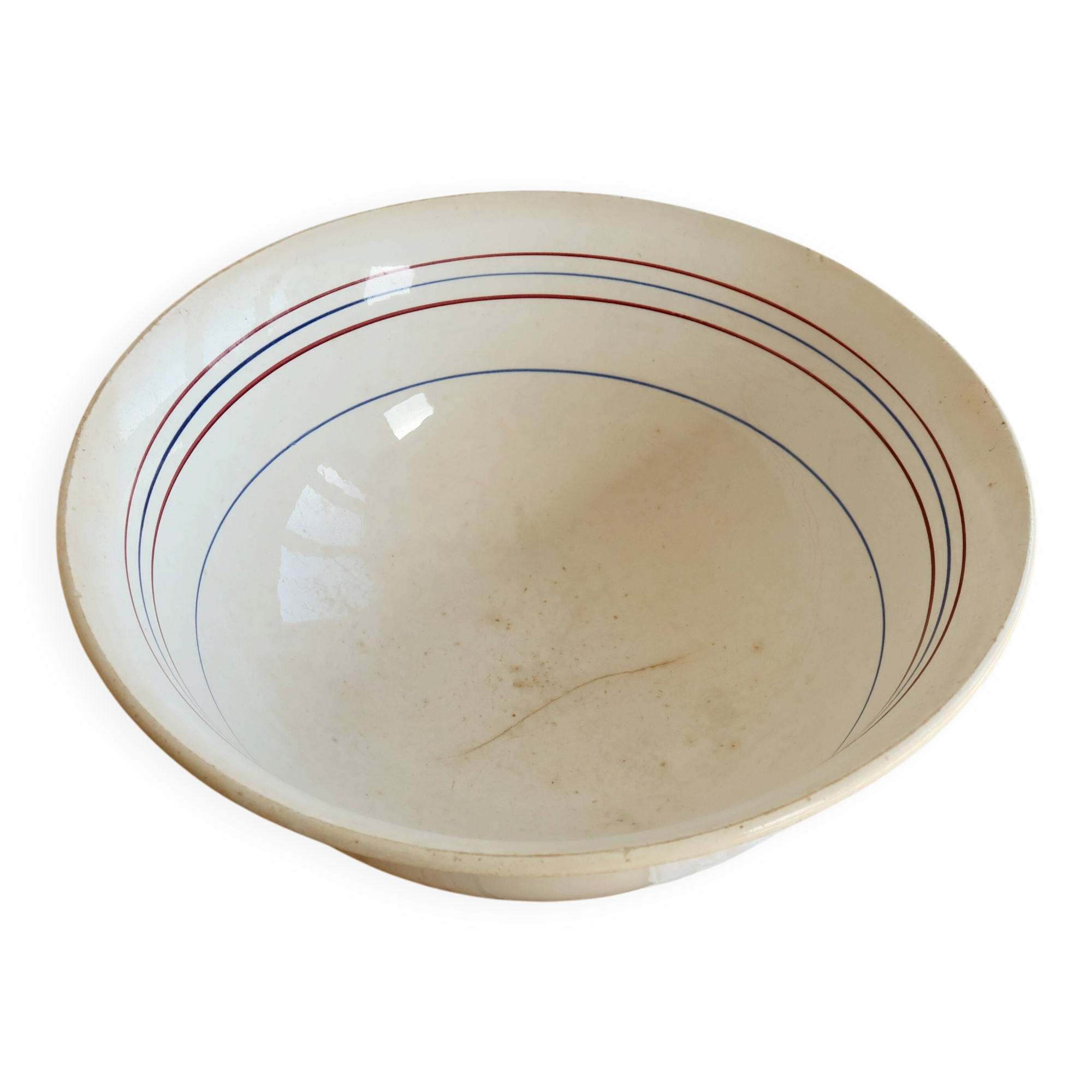 Old earthenware salad bowl Céranord Saint-Amand – Red and blue rim