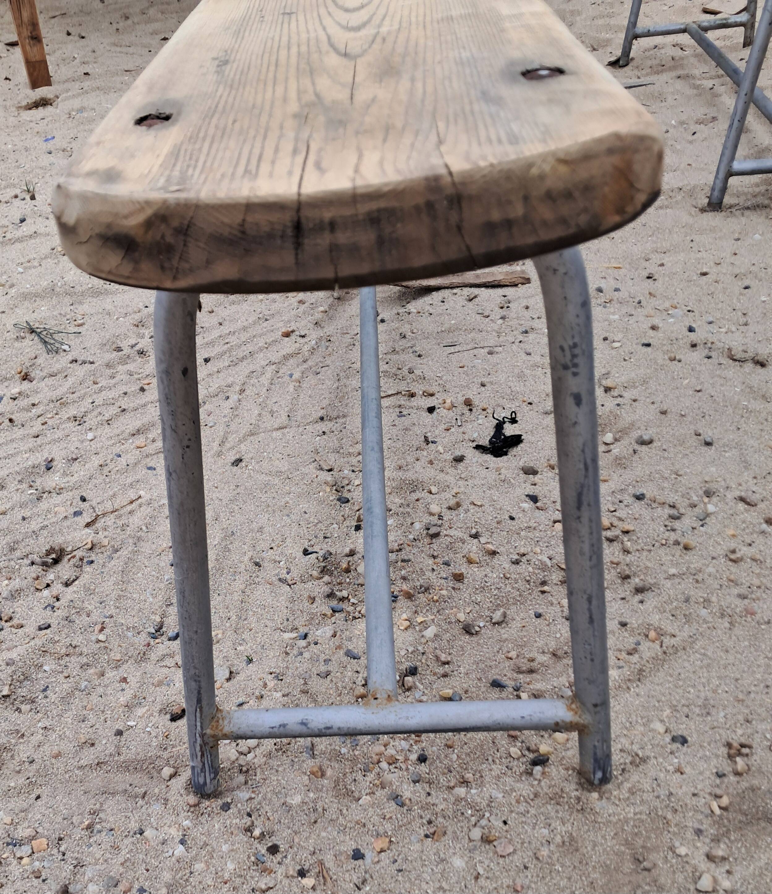 vintage metal and wood bench pair