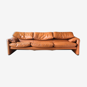 Sofa Maralunga leather camel 3 places, Vico Magistretti for Cassina