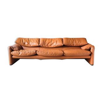 Sofa Maralunga leather camel 3 places, Vico Magistretti for Cassina