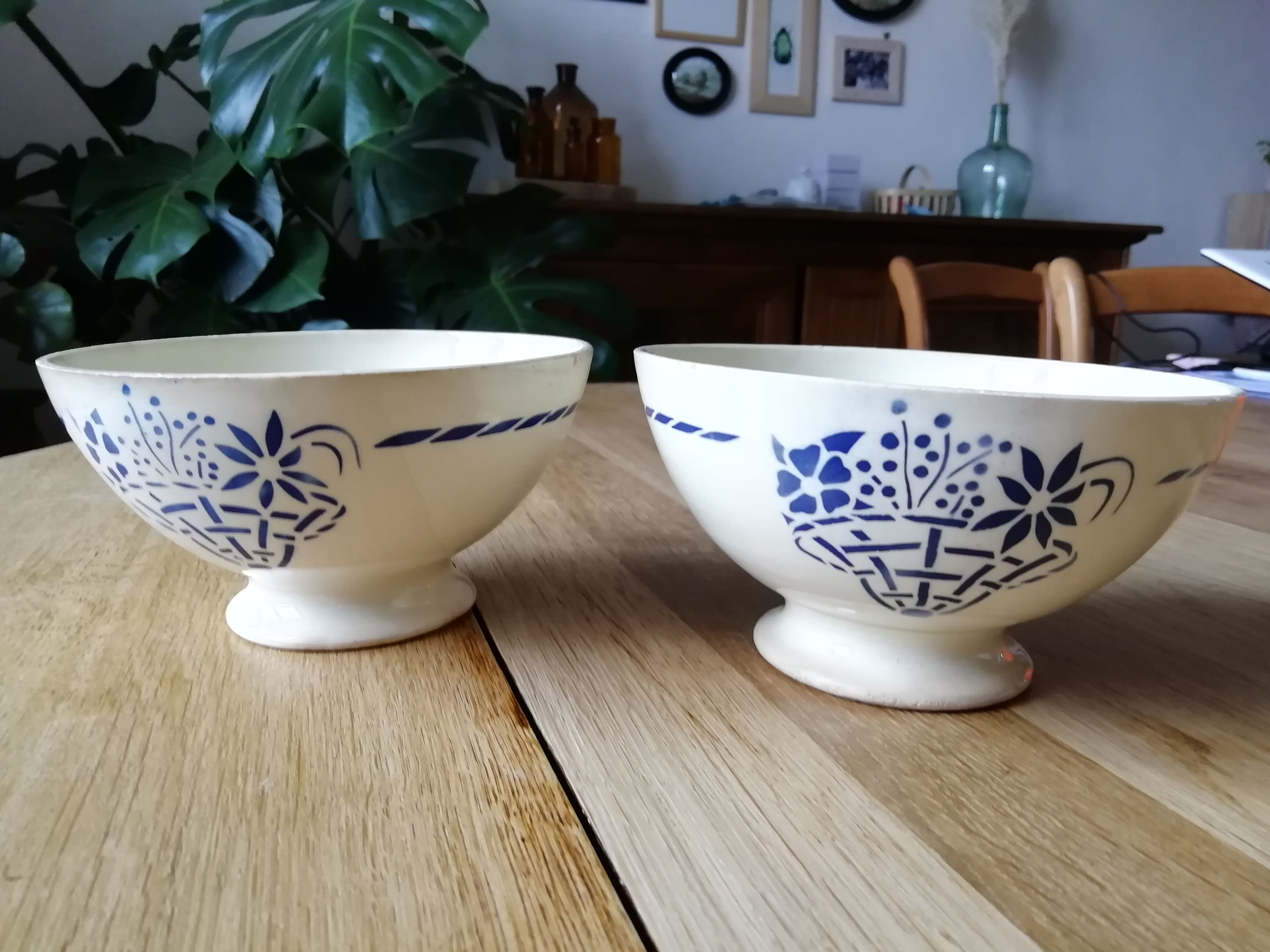 Lot of 2 old blue flower bowls