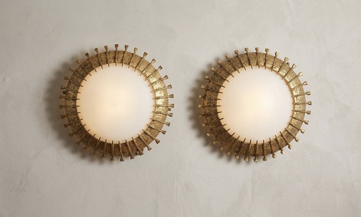 Pair of brutalist sun wall sconces in gold
