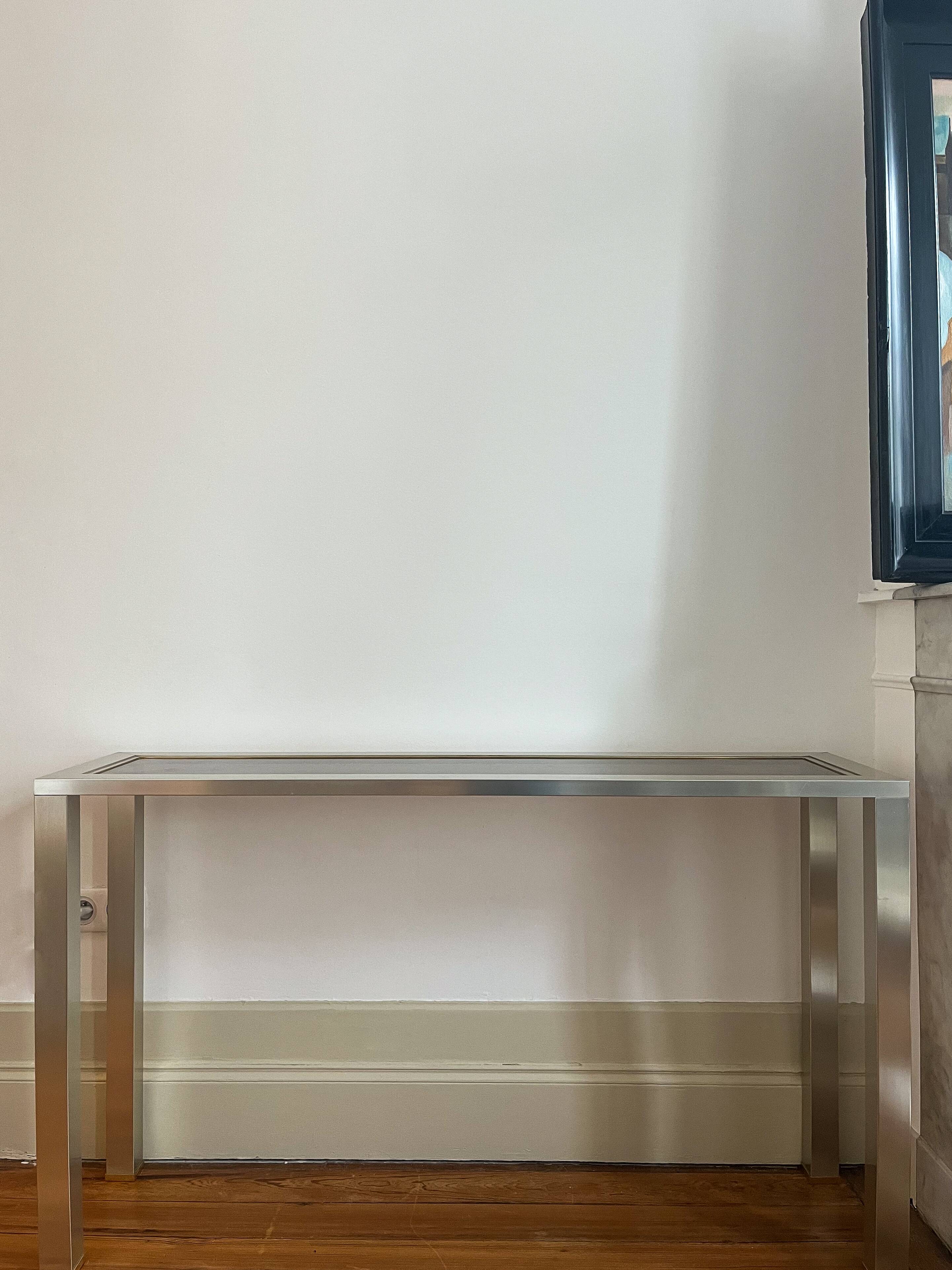 70s stainless steel and glass console