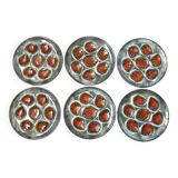 Set of 6 Vintage French Blue Gray & Orange Hand Painted Pordic 6 Serving Oyster Plates 4973