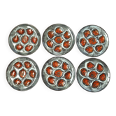Set of 6 Vintage French Blue Grey & Orange  Hand Painted Pordic 6 Serving Oyster Plates 4973