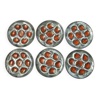 Set of 6 Vintage French Blue Gray & Orange Hand Painted Pordic 6 Serving Oyster Plates 4973