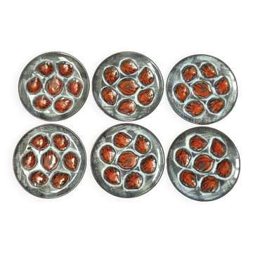 Set of 6 Vintage French Blue Grey & Orange Hand Painted Pordic 6 Serving Oyster Plates 4973