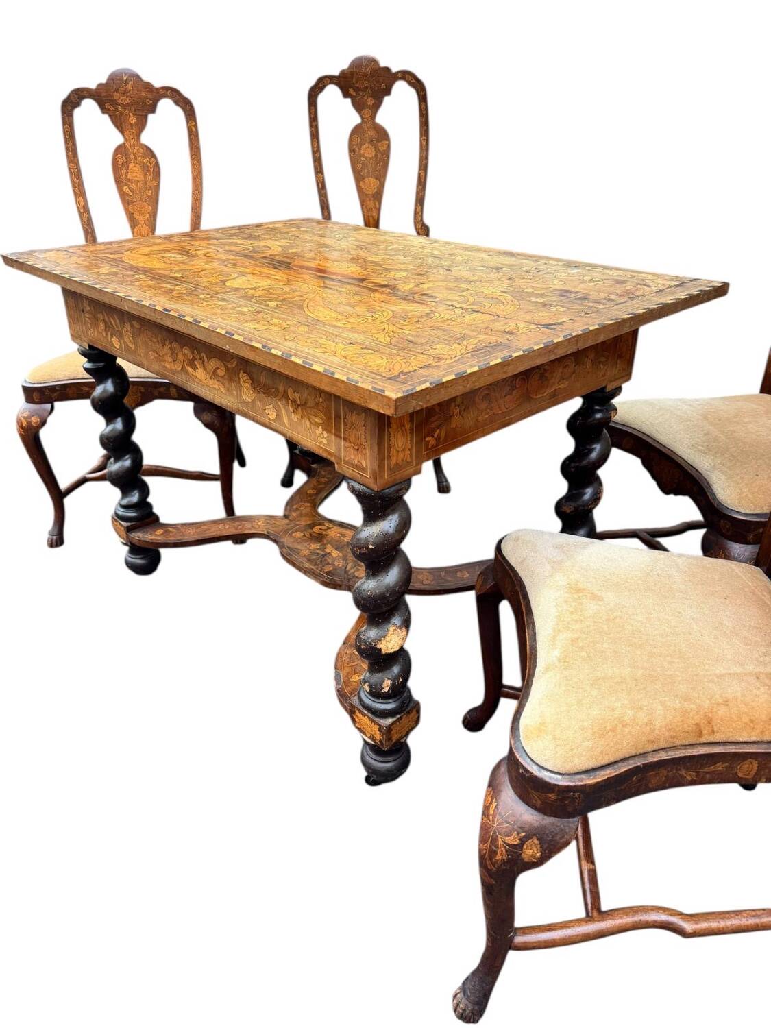 Dutch salon 1900, table and 4 chairs in marquetry stamped IDRAC.