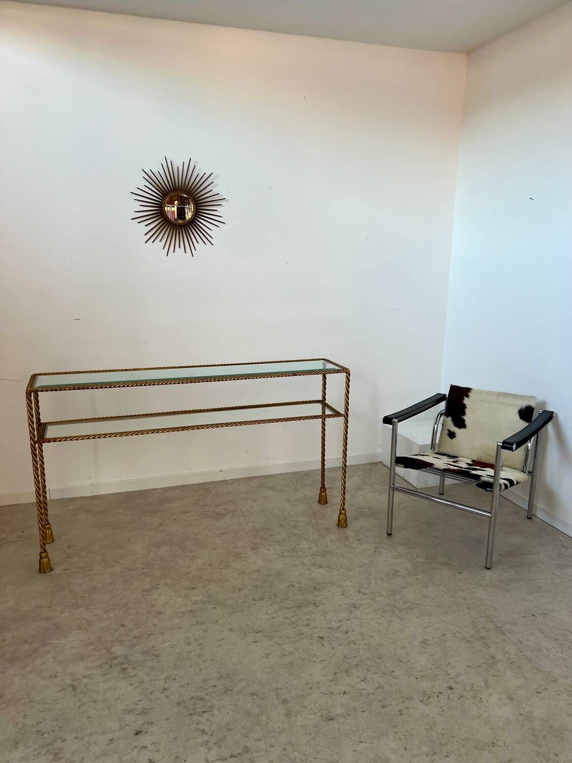 Antique console table in twisted gilded brass and glass Italian design from the 60s vintage table